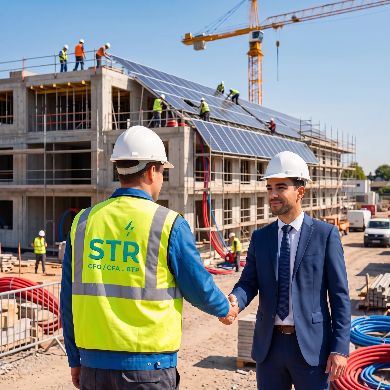 Illustration : poignée de main entre un chef de chantier et un client devant un bâtiment en construction