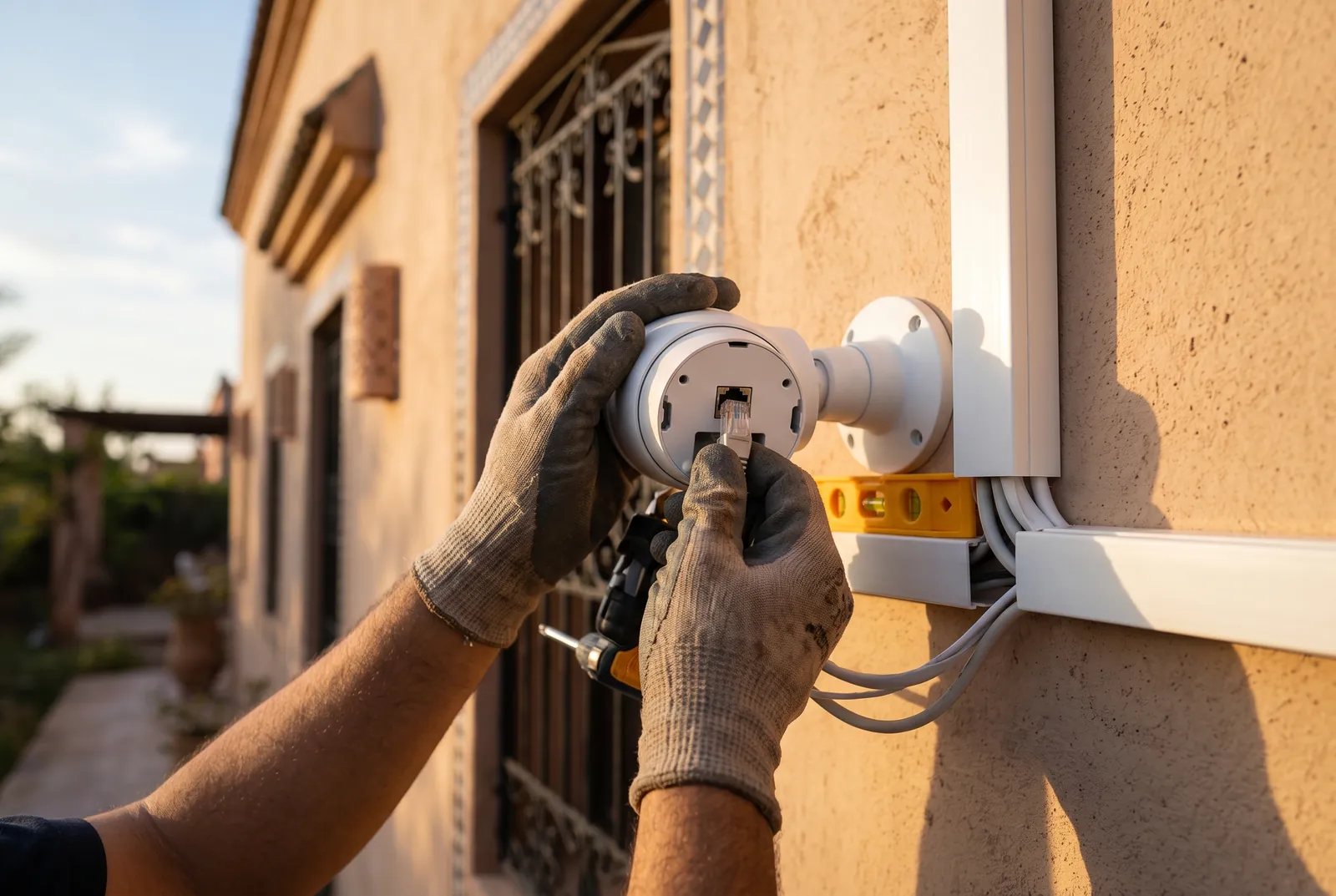 Câble réseau raccordé à une caméra de surveillance avant sa fixation sur un mur extérieur