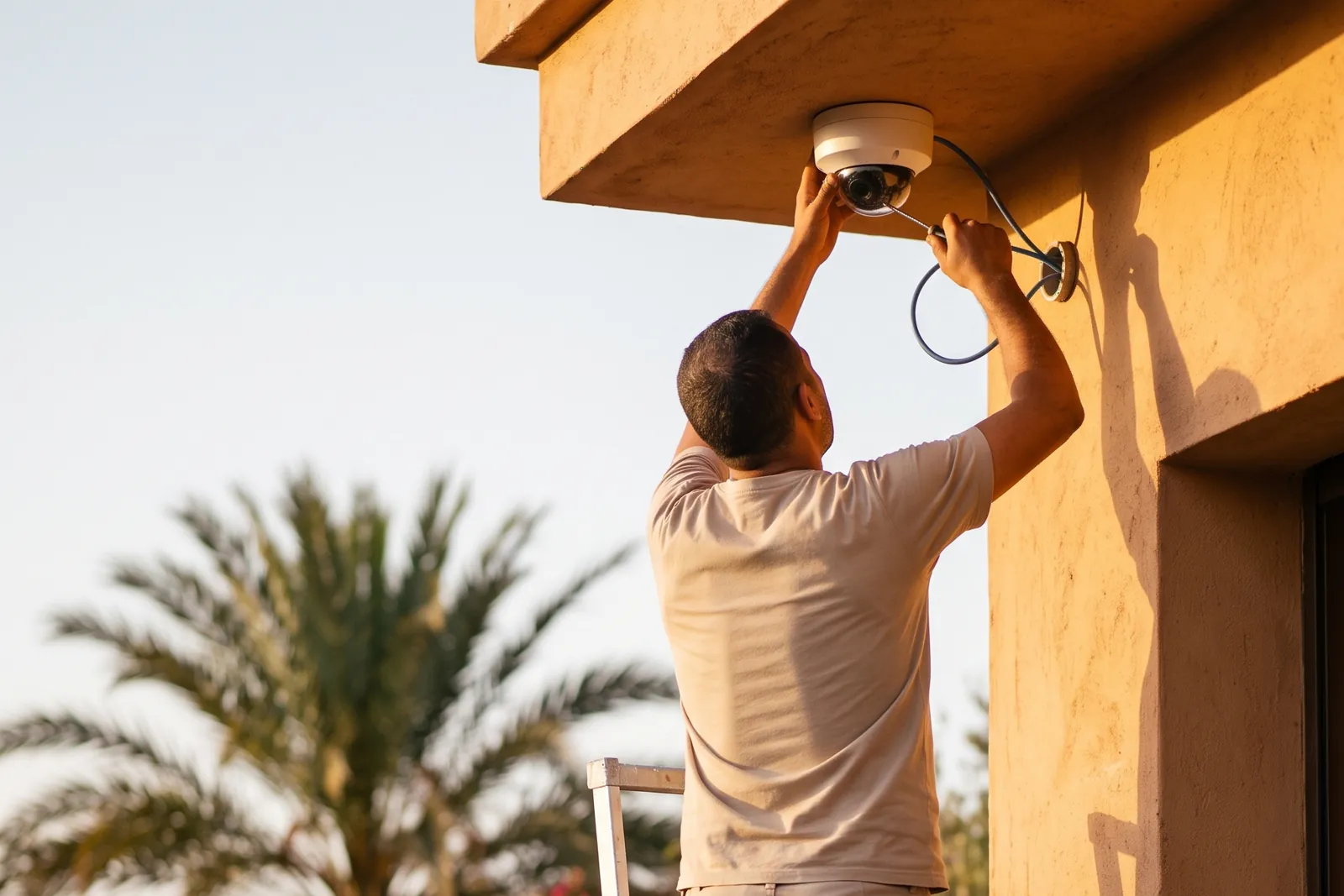 Technicien vu de dos fixant une caméra de surveillance sous l'avancée de toit d'une villa marocaine