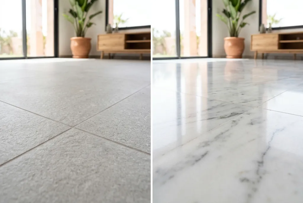 Comparaison côte à côte d'un sol en carrelage grès cérame gris mat et d'un sol en marbre blanc poli veiné dans le même salon