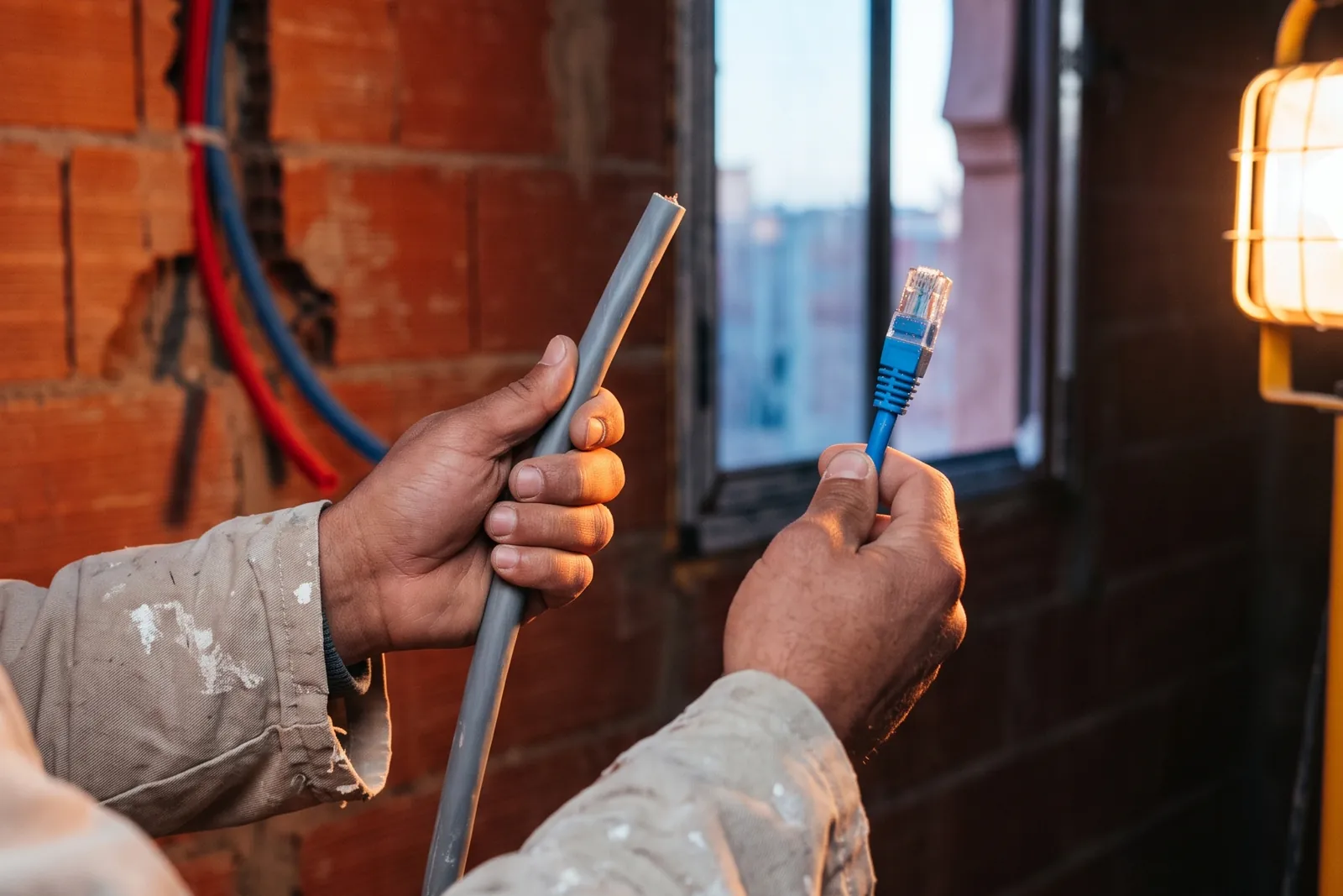 Mains d'un électricien tenant un câble électrique gris et un câble réseau bleu avec sa fiche RJ45, dans une villa en chantier