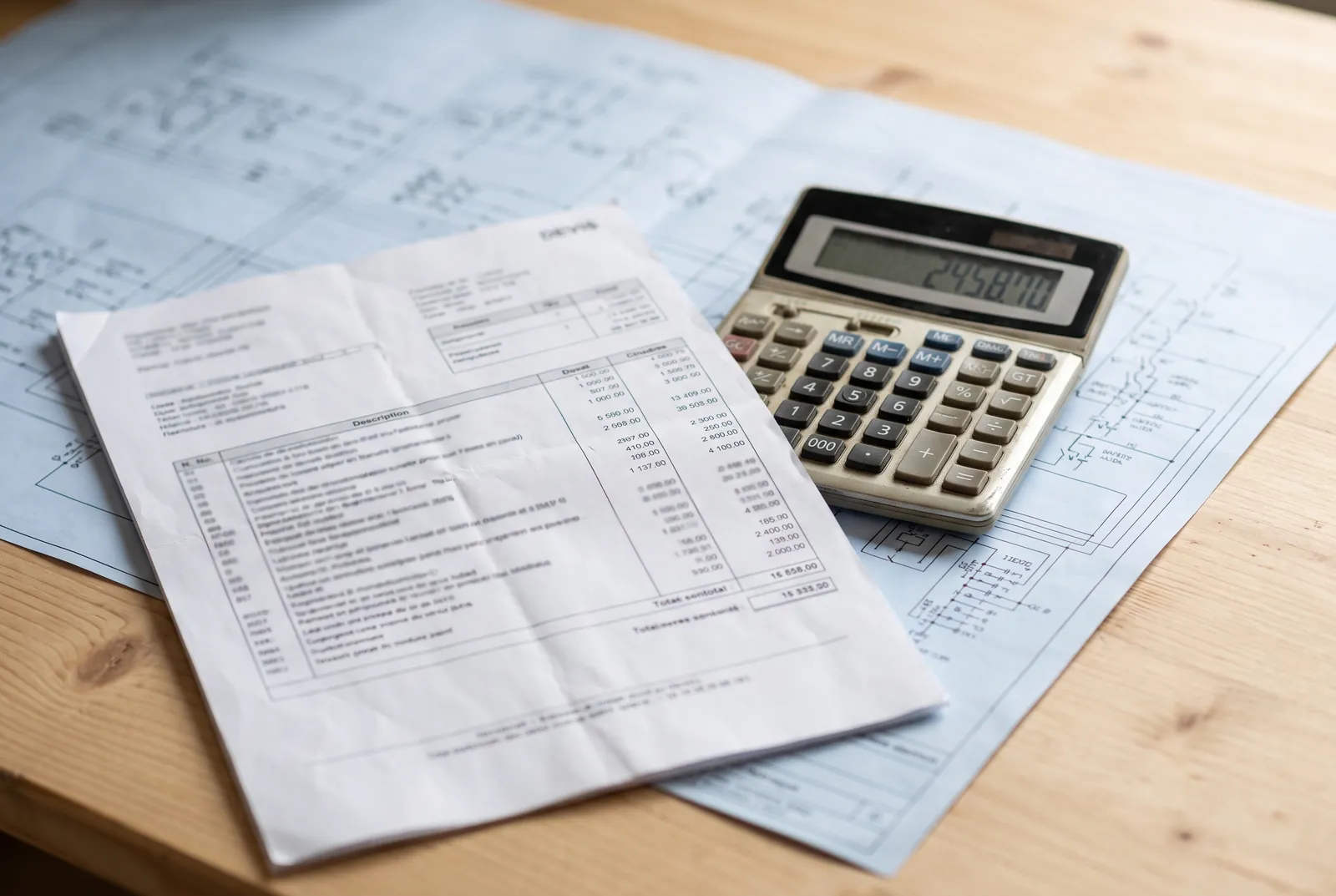 Devis d'installation électrique et calculatrice posés sur un schéma électrique