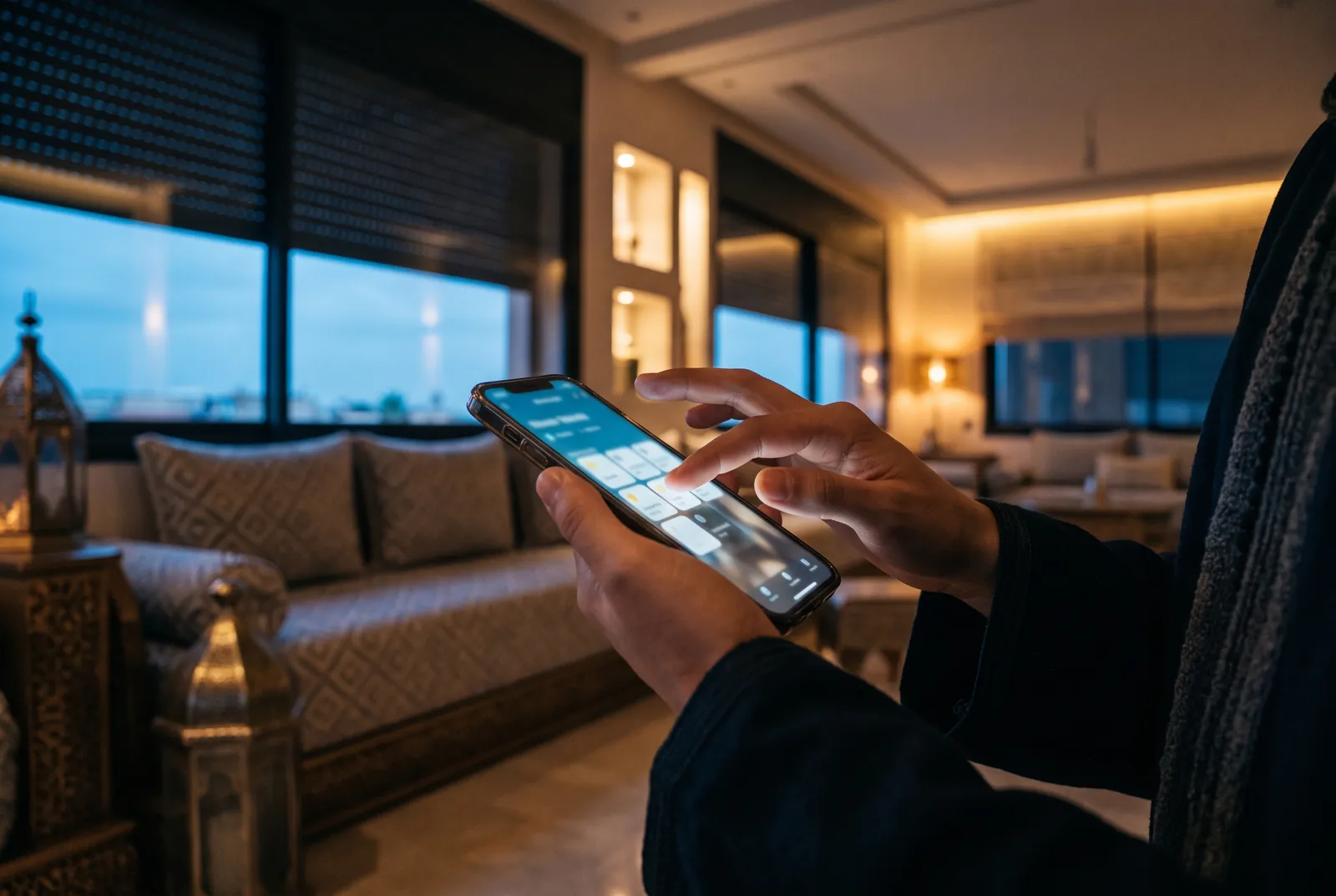 Main pilotant l'éclairage et les volets d'un salon marocain depuis une application de domotique sur smartphone