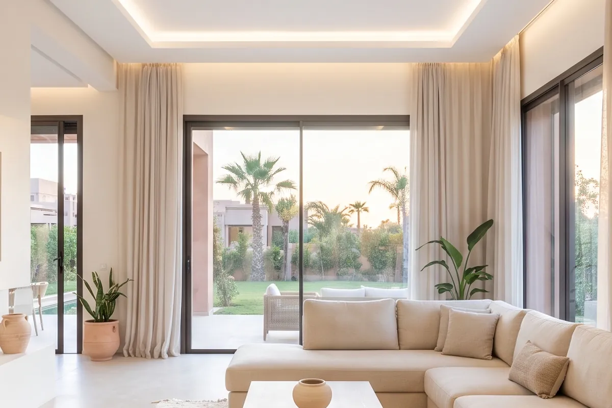 Salon de villa ouvert sur le jardin par une grande baie vitrée