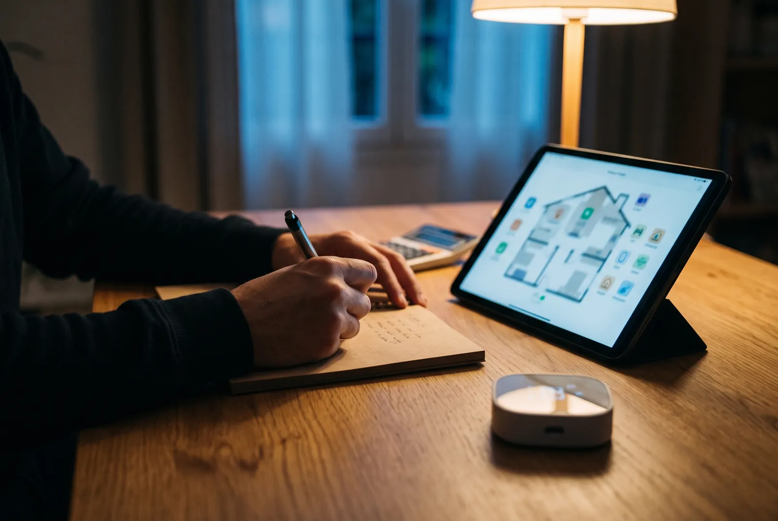 Carnet, calculatrice et tablette affichant le plan d'une maison