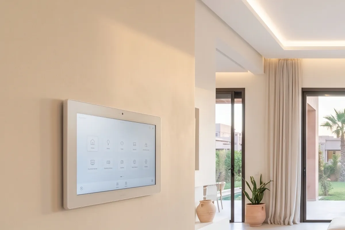 Écran de commande fixé au mur d'un salon de villa