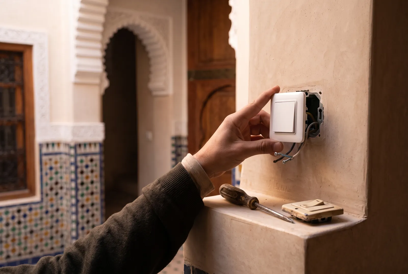 Remplacement d'un ancien interrupteur par un interrupteur connecté dans une maison marocaine traditionnelle