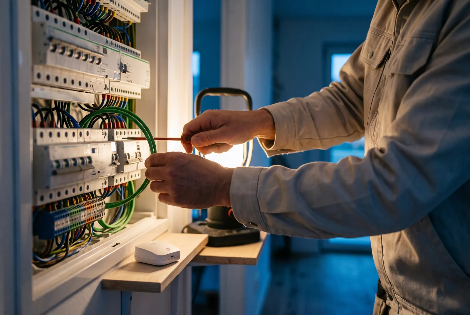 Électricien raccordant des modules dans un tableau électrique