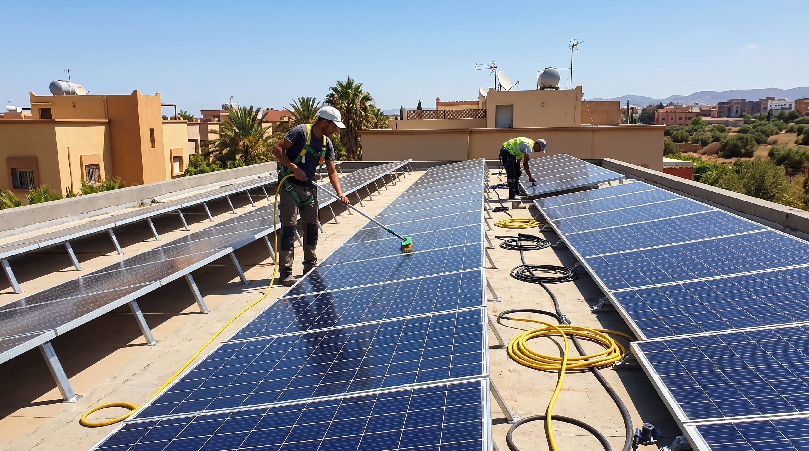 Technicien vérifiant la propreté et l’état de panneaux photovoltaïques