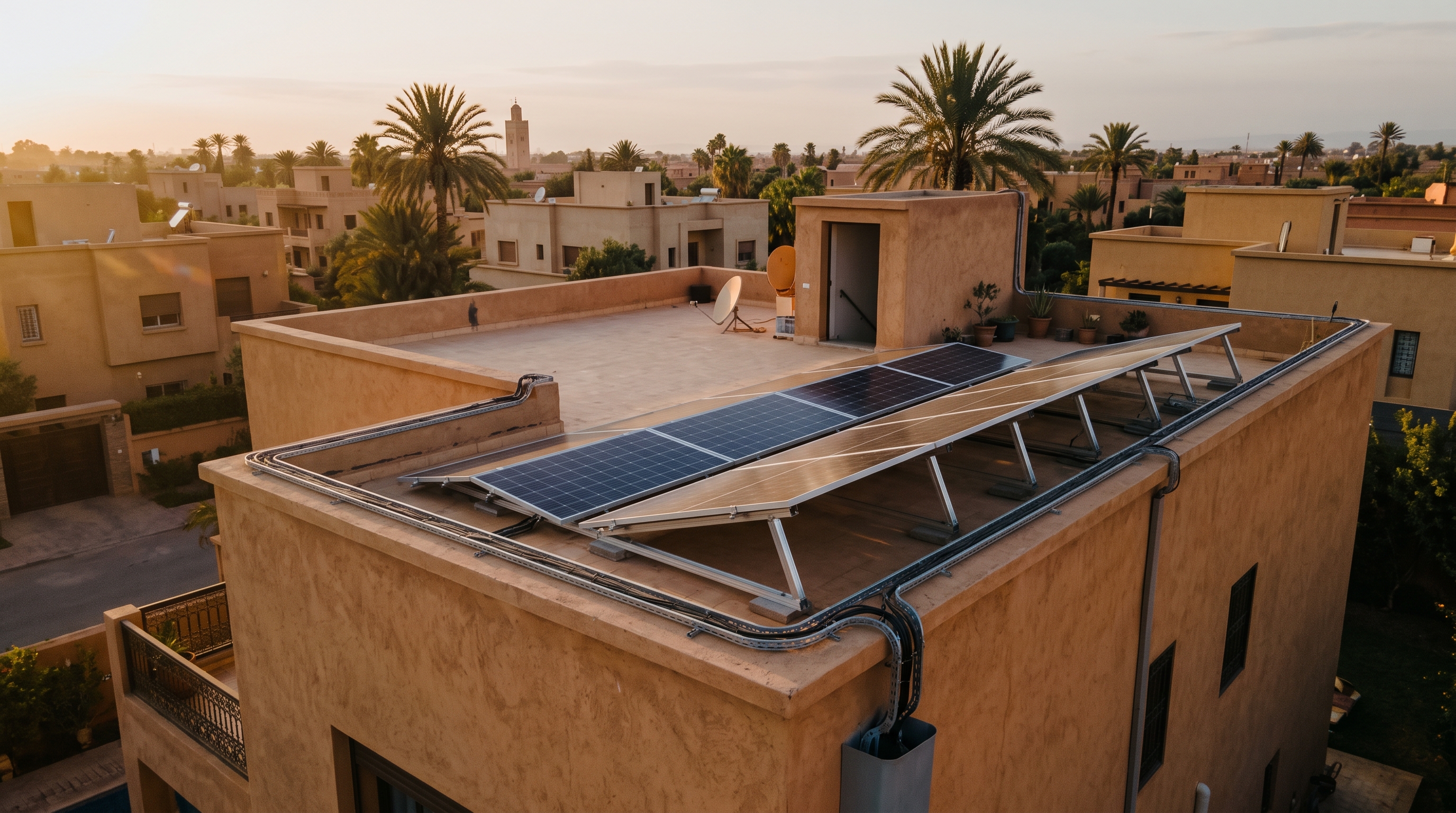 Panneaux solaires photovoltaïques installés sur une toiture au Maroc