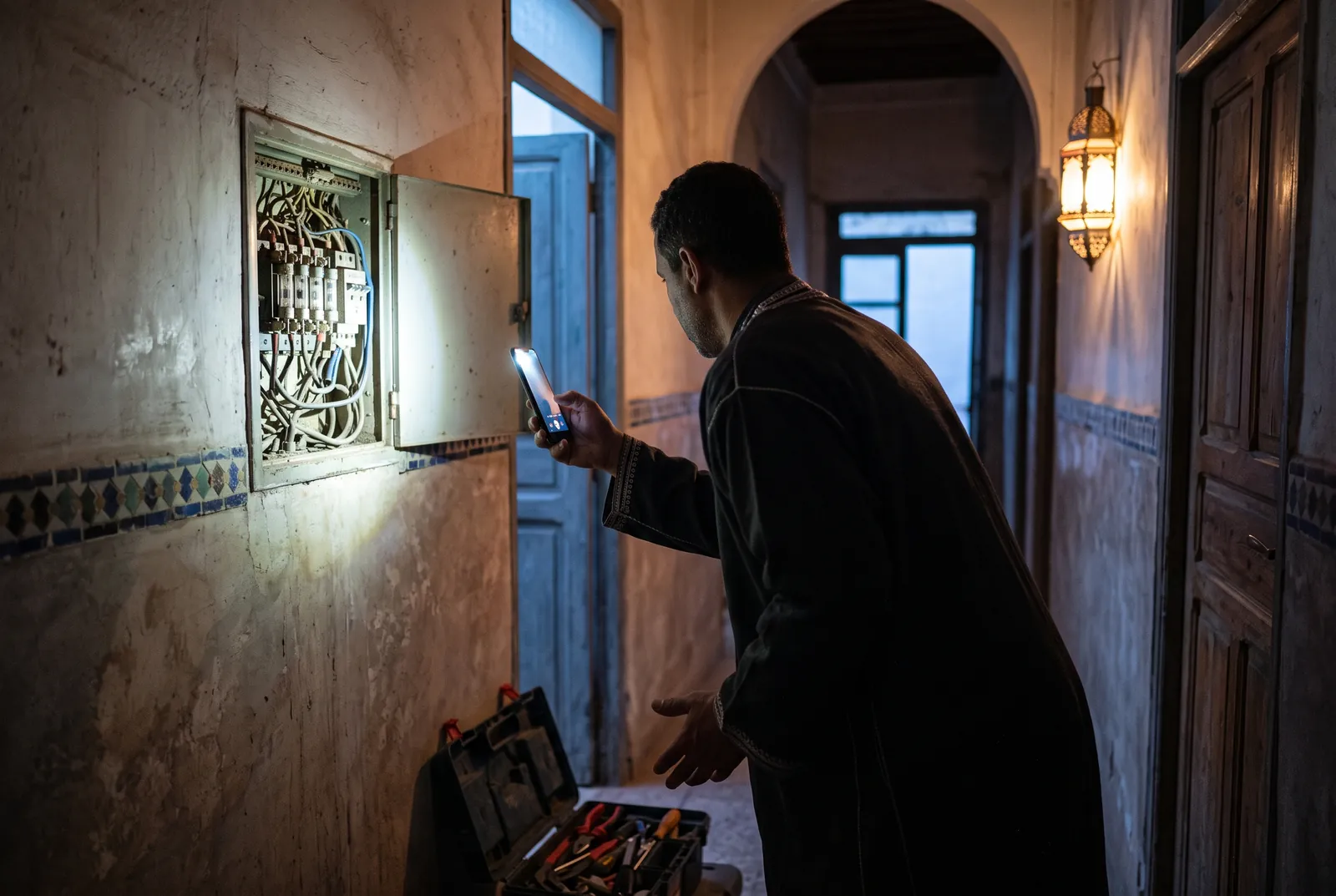 Propriétaire éclairant avec son téléphone un vieux tableau électrique dans le couloir d'une maison marocaine