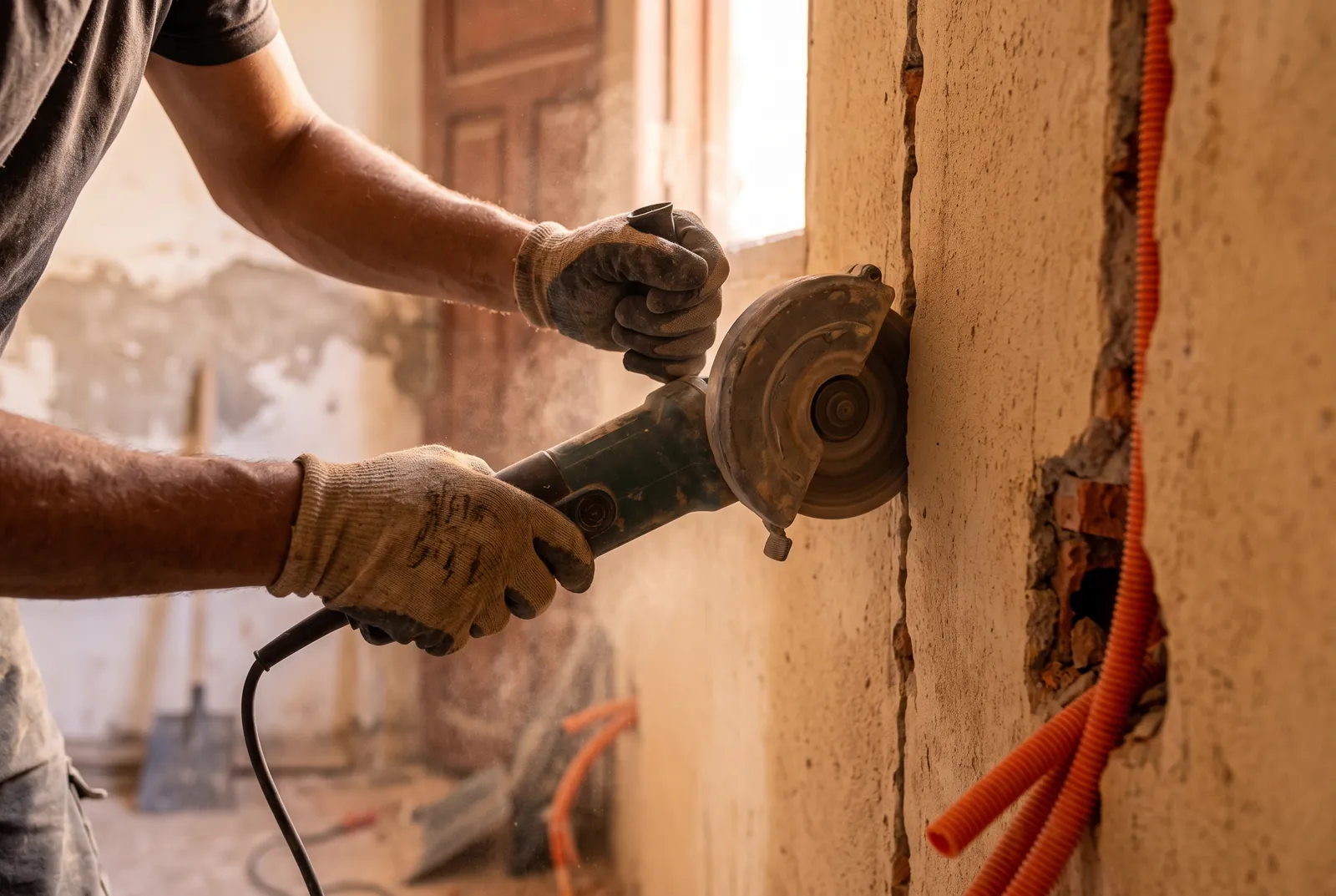Ouvrier ouvrant une saignée dans un mur avec une meuleuse pendant une rénovation