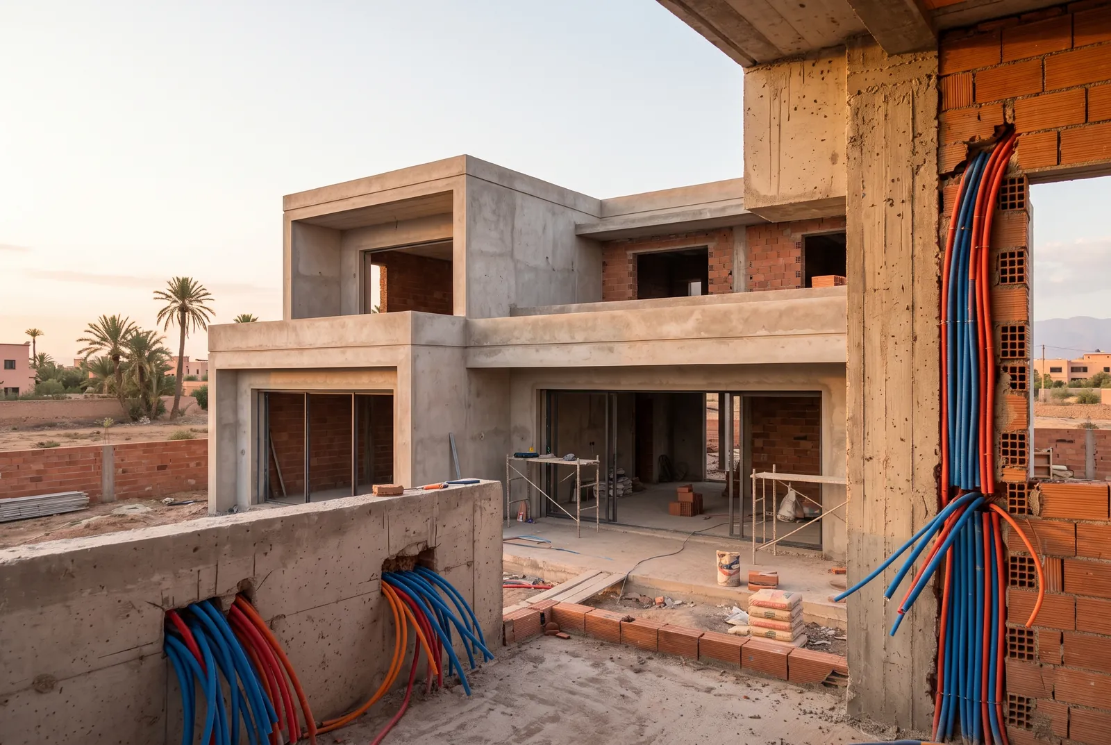 Villa en construction au Maroc, gaines électriques en attente dans les murs en briques et le béton