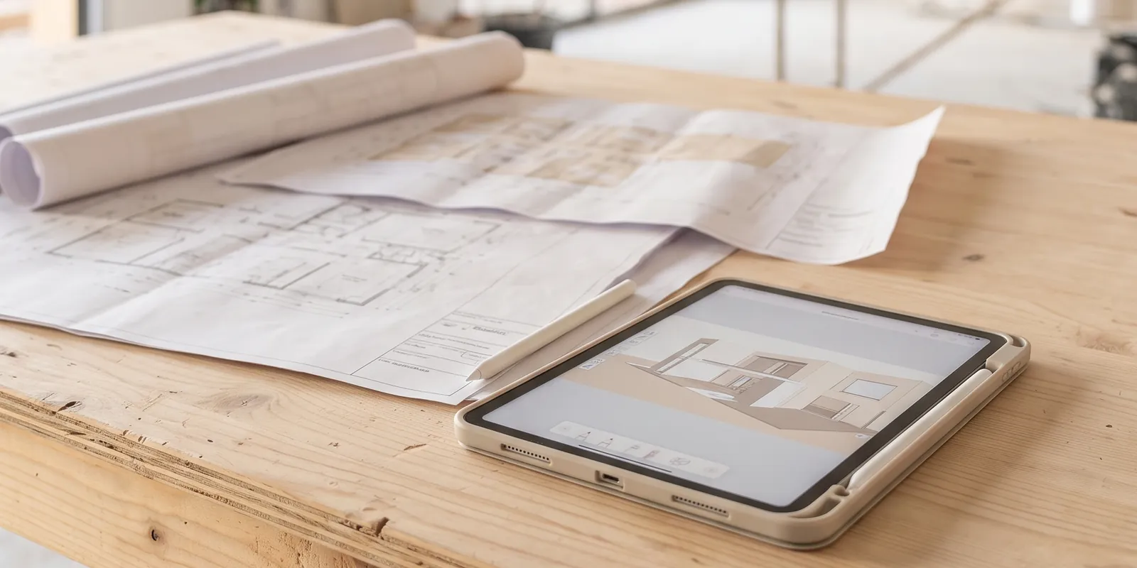 Plans d'architecte et tablette posés sur une table de chantier, dans une villa en construction