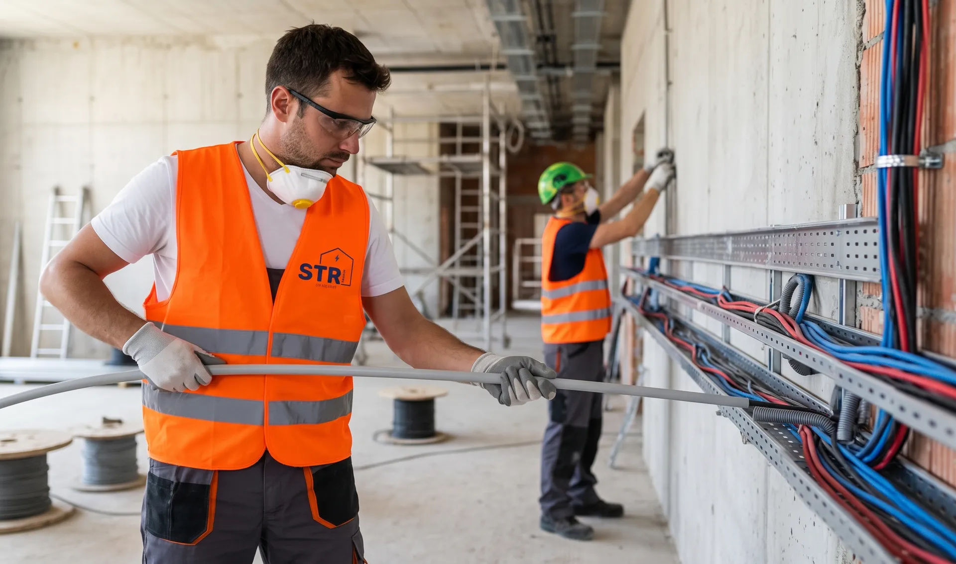 Électriciens STR Travaux tirant des câbles le long d'un chemin de câbles sur un chantier