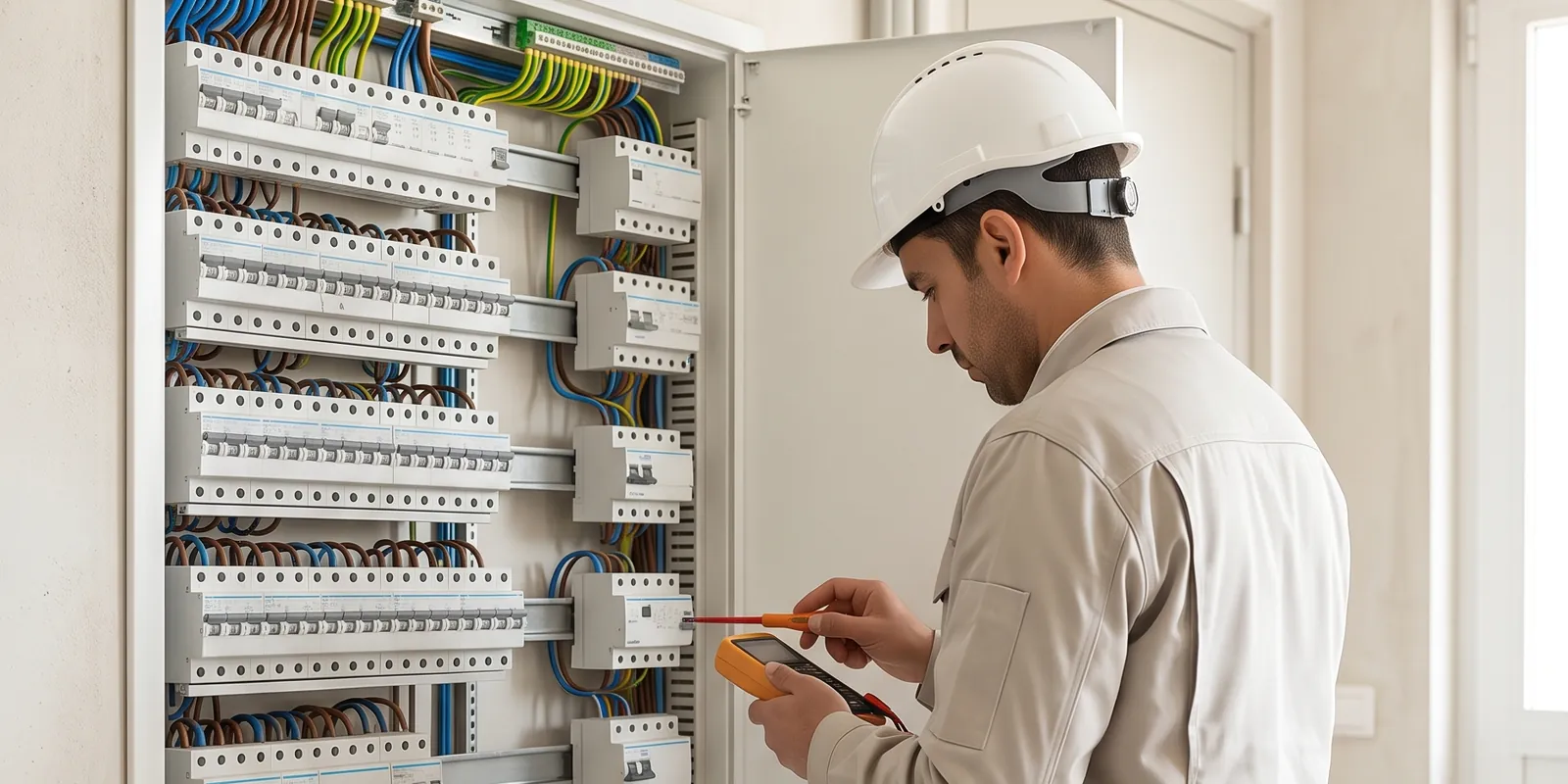 Électricien contrôlant un tableau électrique avec un multimètre