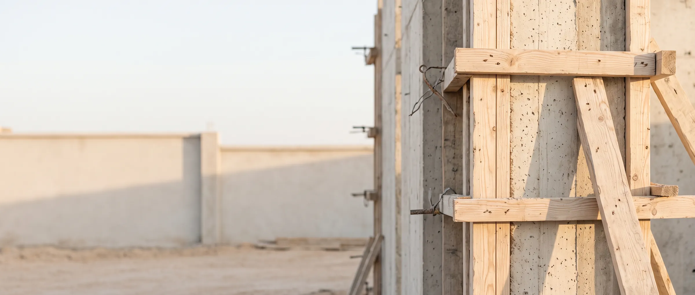 Coffrage en bois et structure en béton sur un chantier de gros œuvre