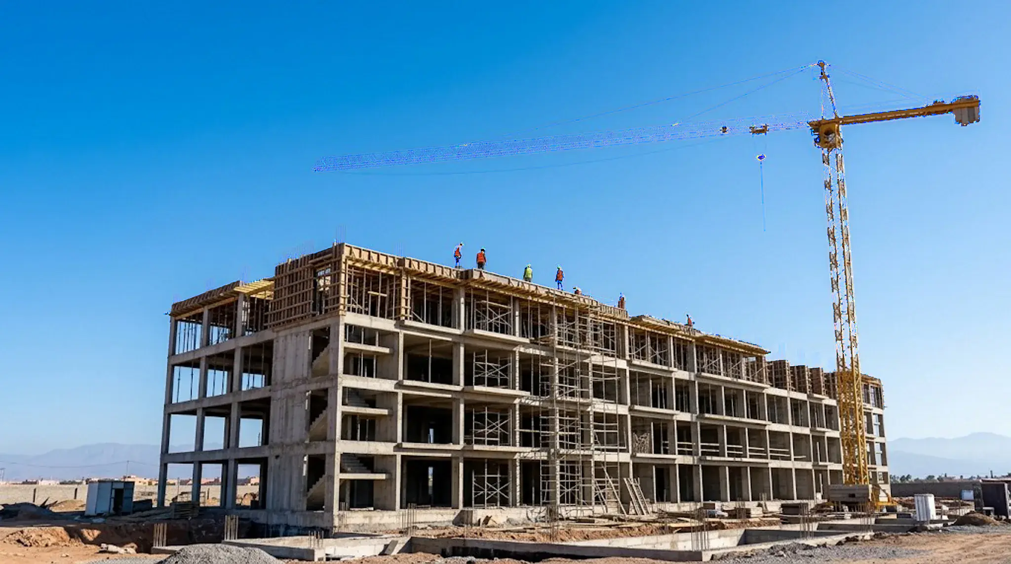 Structure en béton armé d'un immeuble en construction à Marrakech, avec une grue