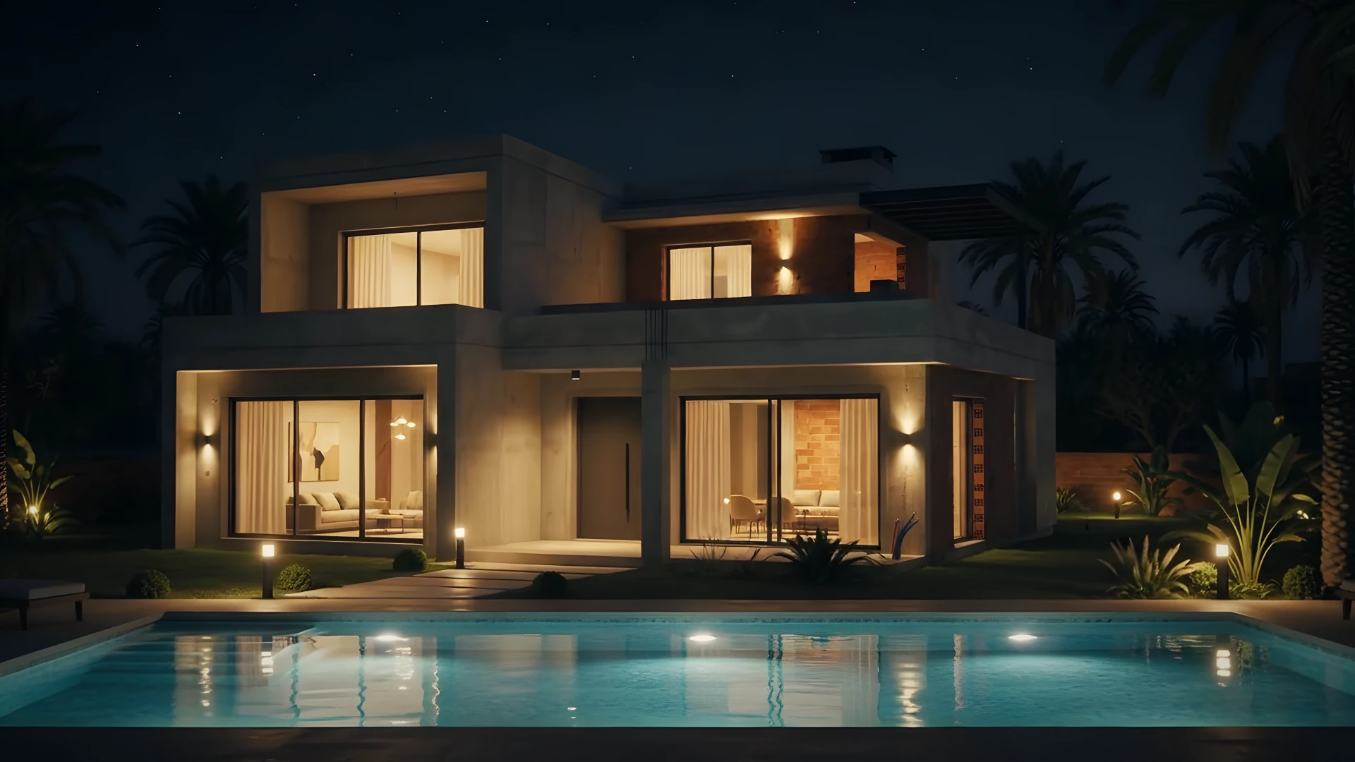 Villa contemporaine éclairée de nuit, avec piscine et palmiers