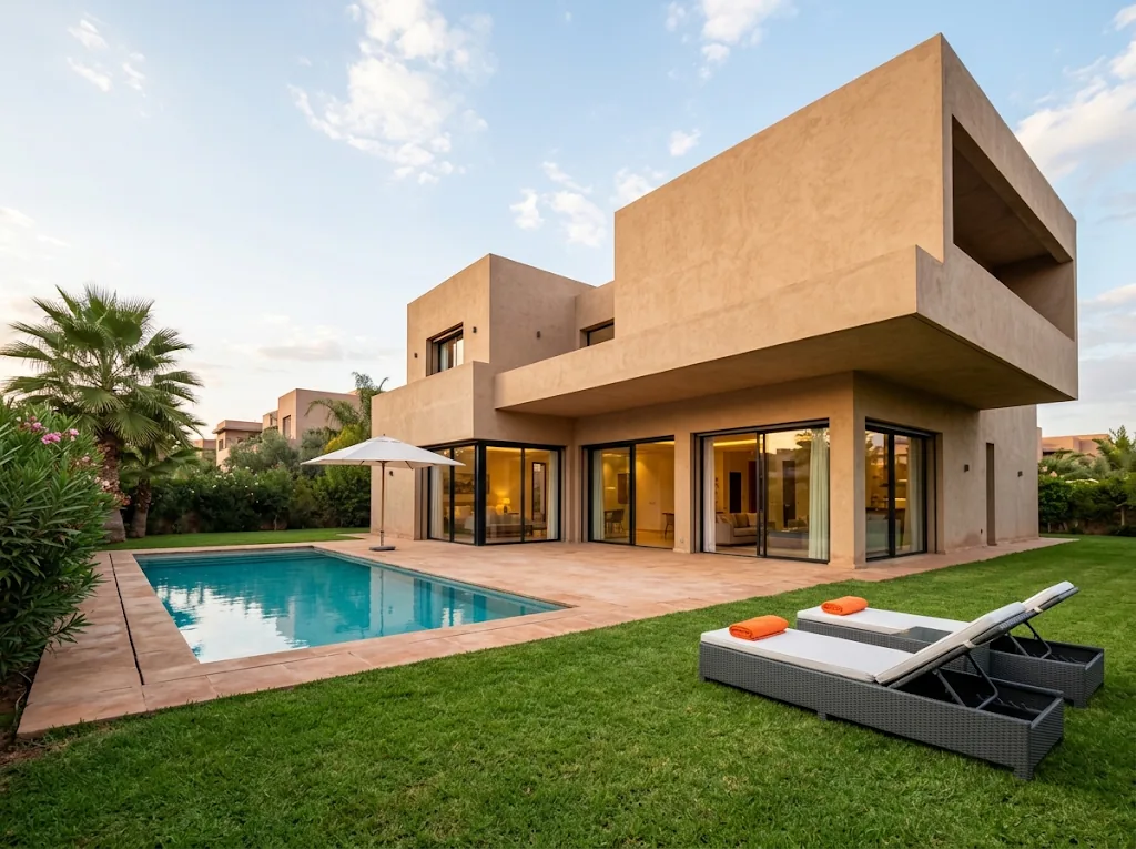 Villa contemporaine aux murs ocre avec piscine et jardin, à la Résidence Noria Golf de Marrakech