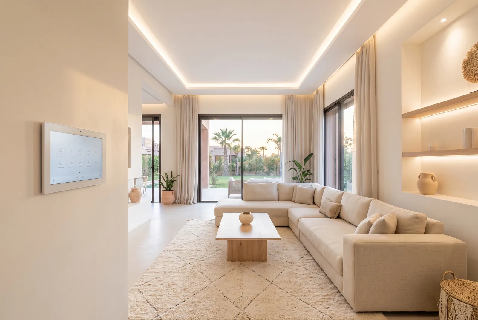 Salon de villa équipé d'un écran tactile de commande domotique et d'un éclairage LED