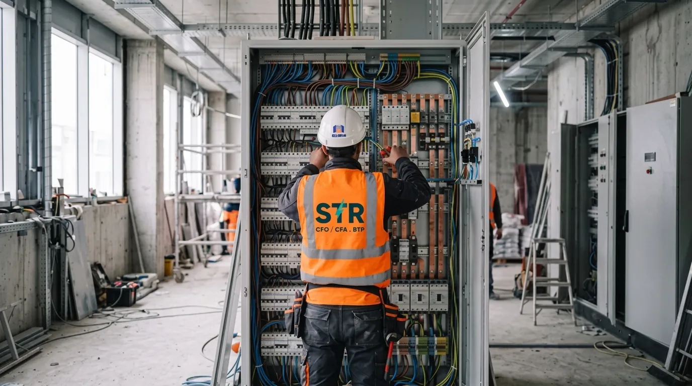 Électricien STR Travaux intervenant sur une armoire électrique dans un bâtiment en construction