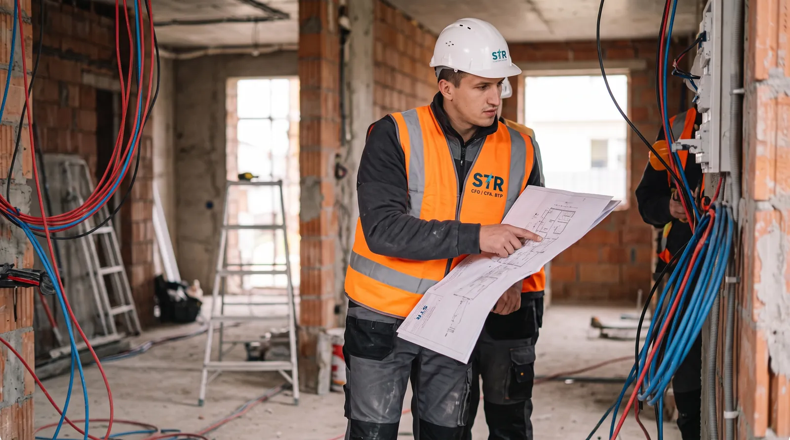 Électricien STR Travaux lisant un plan sur un chantier, câbles électriques en attente