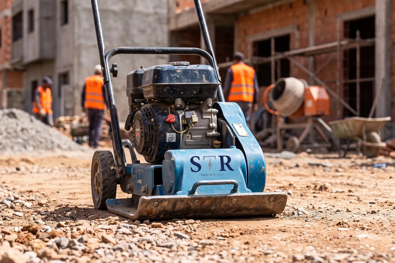 Compacteur à plaque sur un chantier de construction, ouvriers en arrière-plan