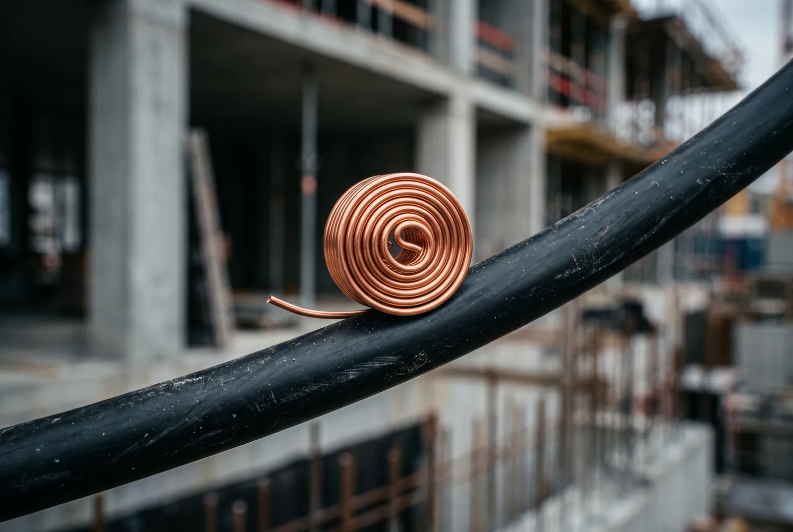 Tube de cuivre enroulé posé sur une canalisation, sur un chantier de construction