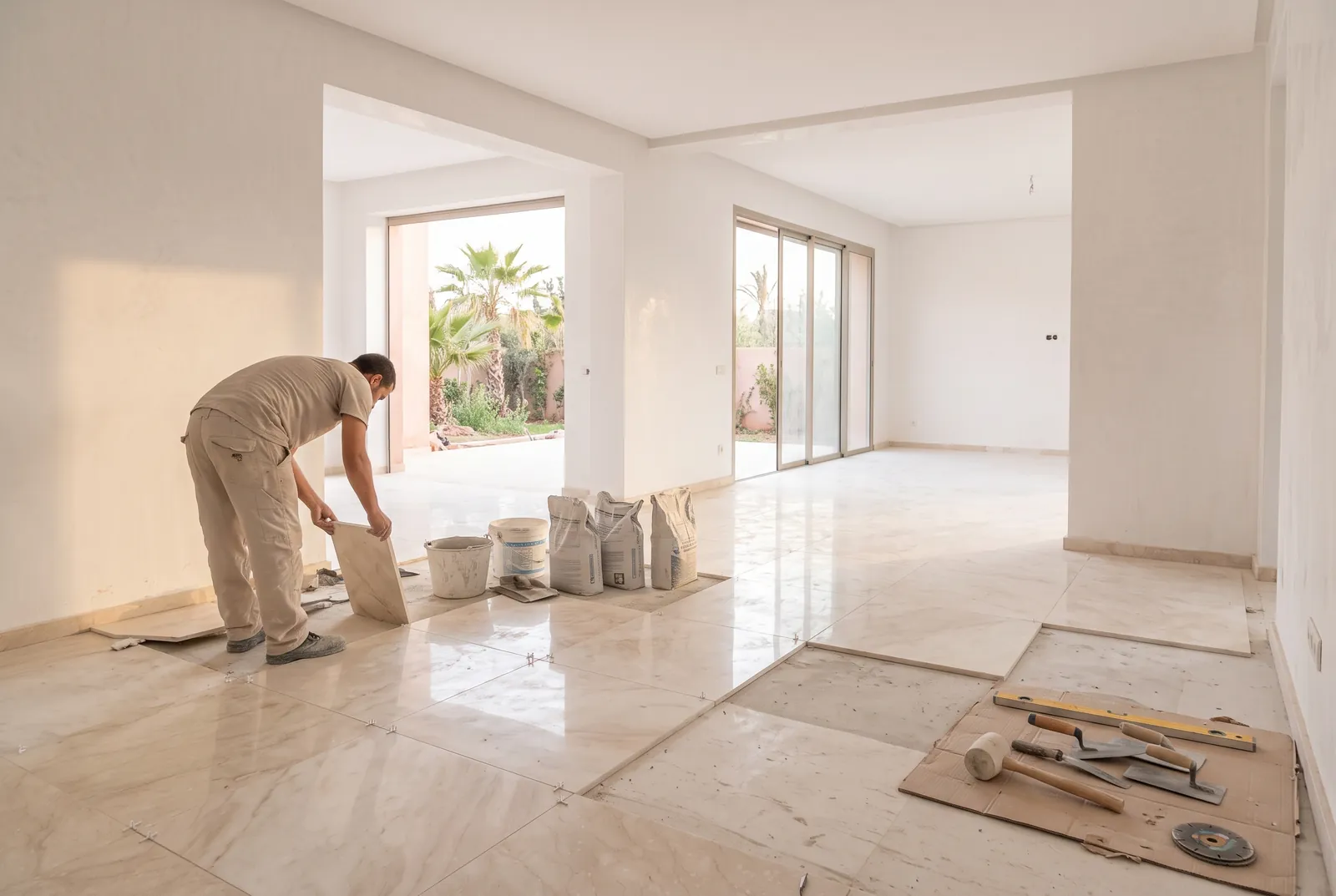 Rénovation d'une villa : pose d'un sol en marbre clair