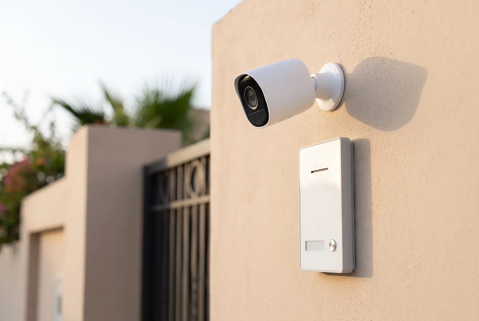 Équipements de courant faible : caméra de vidéosurveillance et interphone sur le mur d'entrée d'une villa
